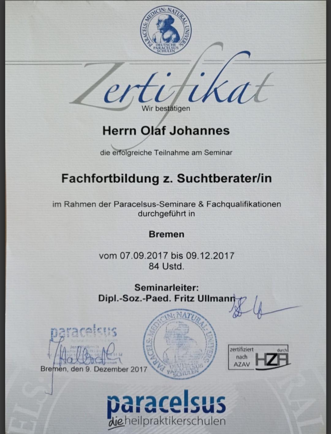Zertifikat Suchtberater